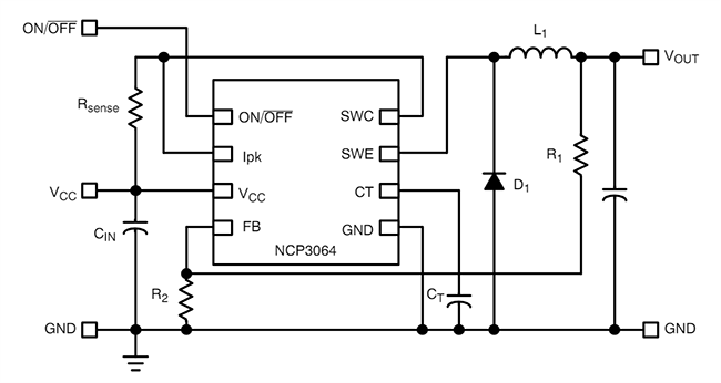 アプリケーション回路図 - onsemi NCP3064昇降圧反転スイッチング・レギュレータ